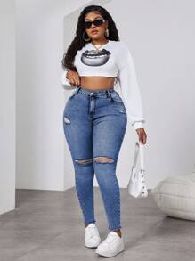 Slaydiva Zerrissene schwarze enge Jeans in Große Größen, bequem und dehnbar - Helle Waschung - Übersicht 3