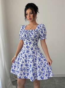 Rafferiza Women's Elegant Floral Print Square Neck Mini Dress, Ruffle Trim, Ruffle Sleeve, Suitable For Spring/Summer/Autumn - Blue - View 4