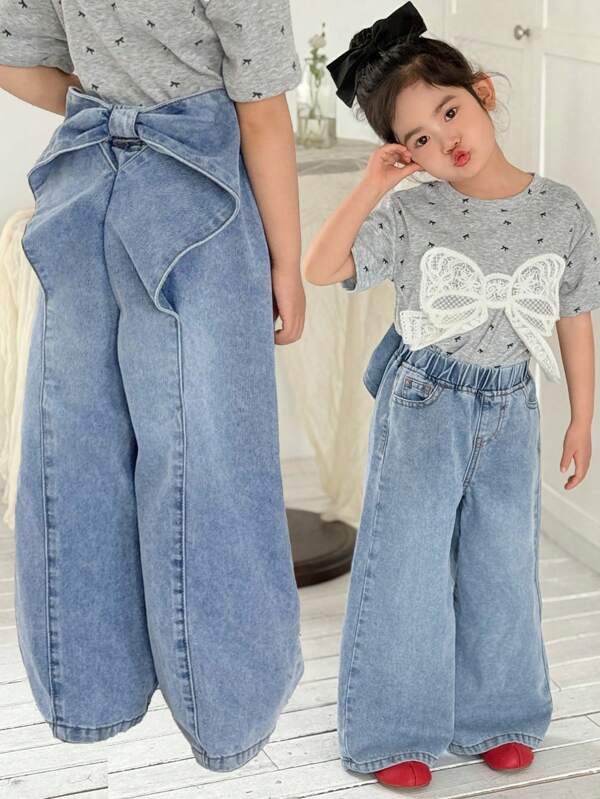 SHEIN Young Girl Cute Butterfly Casual Wide Leg Jeans, Spring And Summer Casual Vacation Country Boho Wear