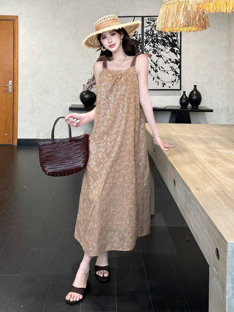 Sequins Decor Patchwork Sleeveless Aline Long Formal Dress For Women, Summer Prom Dress Maxi Dress Boho Vacation Outfits Women