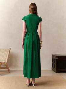 Arave 法式高腰修身褶饰 V 领无袖开衩中长连衣裙，适合办公室/通勤 - 綠色 - 查看 4
