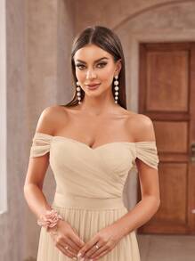 Aureia Romantic Elegant Shiny Mesh Off Shoulder Ruffle Strappy Decorated Waist Voluminous Flowy Mesh Bridesmaid Dress - Apricot - View 6