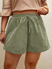 SHEIN VCAY Plus Size Solid Color Fashion Shorts, Suitable For Summer