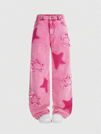SHEIN Teen Girls' Y2K Streetwear Casual Jeans, Distressed Light Blue Wash With Star Embroidery, Elastic Waistband, Loose Fit, Pink Star Jeans,Tops