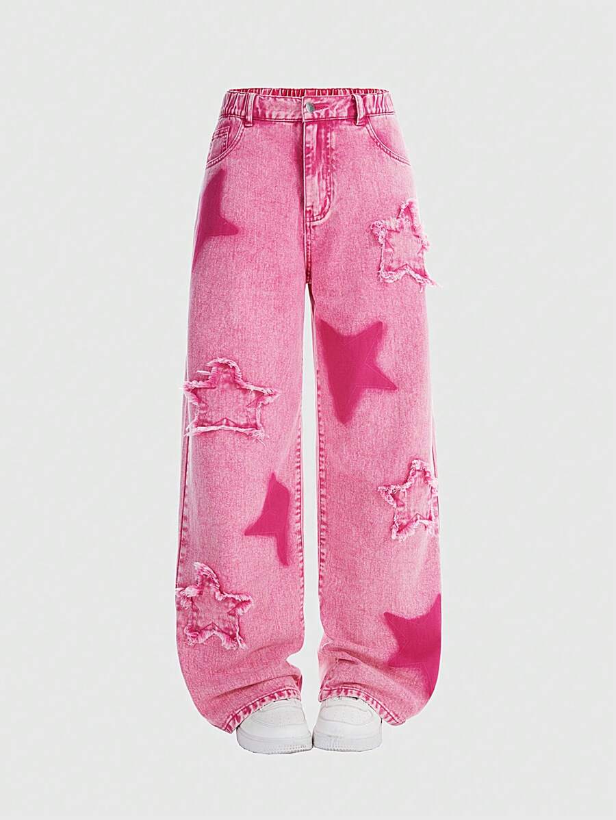 SHEIN Explorewe Pantalones vaqueros de estilo casual y urbano Y2K para adolescentes, lavado azul claro desgastado con bordado de estrella, cintura elástica, corte holgado - Rosa Fucsia - Ver 1
