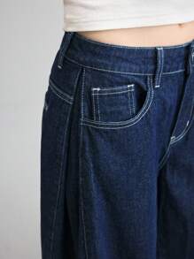 Ontre Jeans de tiro bajo de color azul oscuro con pierna ancha para mujer, jeans casuales de ajuste holgado para primavera/verano, jeans de vestir casual, para oficina/profesora