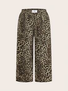 SHEIN PETITE CURVE 2 حزمة من بناطيل واسعة الساق للنساء جديدة باللون الأسود والطباعة الفهد في الصيف - متعدد الألوان - مشاهدة 3