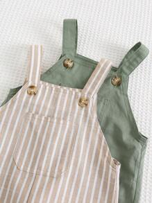Cozy Pixies 2 Pieces Baby Boy Set: Striped & Solid Color Bib Overall Shortalls Baby Boy Overall Set Baby Boy Summer Outfit Summer Baby Outfits Newborn Summer Outfit Baby Boy Clothes Summer