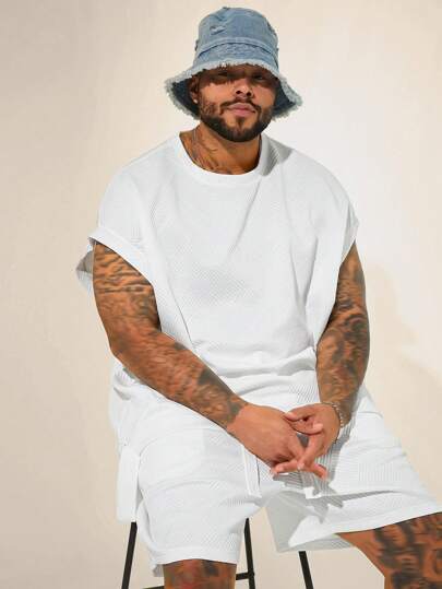 EASEVO 男士加大码休闲落肩白色针织上衣和短裤套装