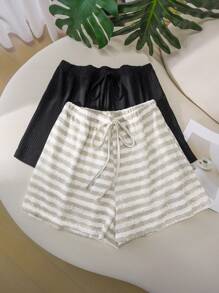 CosyJoli Women Plus Size Casual Drawstring Striped Shorts - Multicolor - View 2