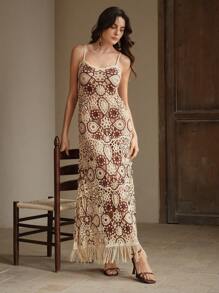 Anewsta 挂脖不对称镂空下摆罩衫连衣裙 - 杏色 - 查看 6