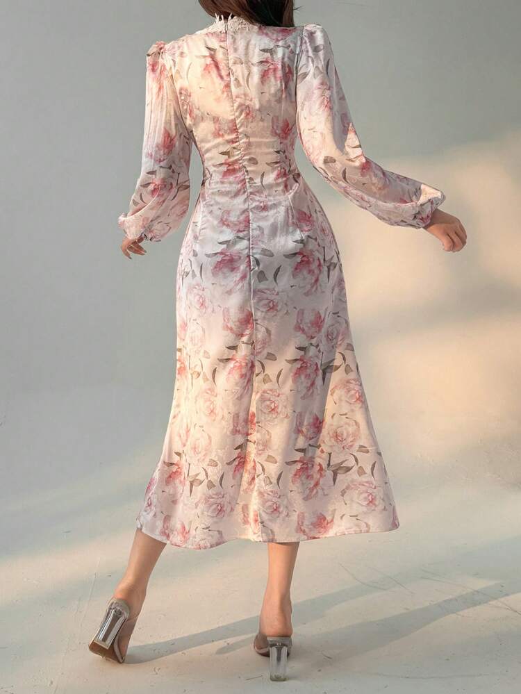 Ladies Midi Lace-Trimmed Floral Puff Sleeve Dress,Fall Dress Long Sleeve Dress Boho