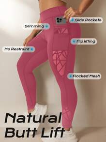 Easithlete 加大码不对称功能紧身裤，修身，高腰，有口袋，带网眼和植绒细节，女士瑜伽裤