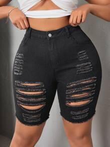 SHEIN SXY Plus Size Women Black Denim Elastic Skinny Ripped Sexy Shorts - Dark Grey - View 1