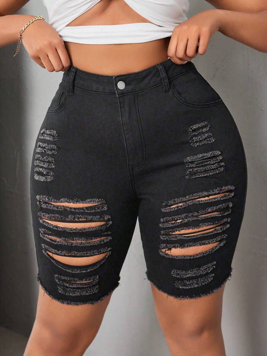 SHEIN SXY Plus Size Women Black Denim Elastic Skinny Ripped Sexy Shorts - Dark Grey - View 1