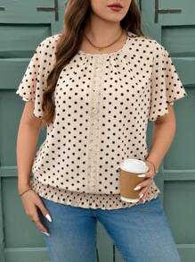 SHEIN LUNE Plus Size Women's Valentine Polka Dot Pattern Lace Trim Hem Fancy Elasticated Short-Sleeved Round Neck Pullover Blouse For Summer