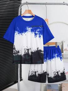 SHEIN Little Byeori Tween Boy Loose Street Style Short Sleeve & Shorts Set,Kids - Royal Blue - View 7