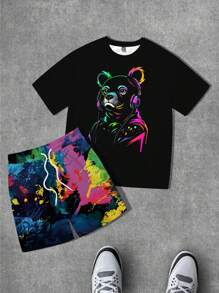 Manfinity LEGND Men's Street Style Cool Bear Head Printed T-Shirt And Vibrant Abstract Pattern Shorts Set - Multicolor - View 3