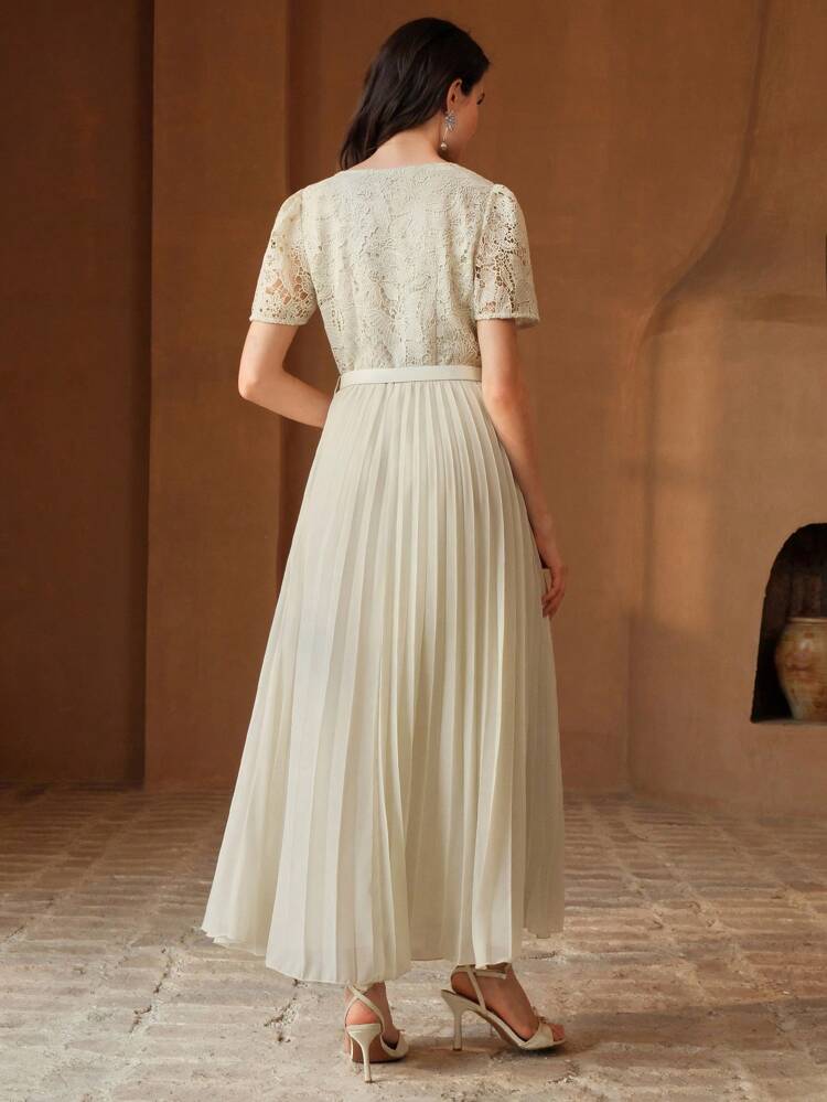 Lace Patchwork Chiffon Flare A-Line New Short Sleeve Women's Elegant Dress