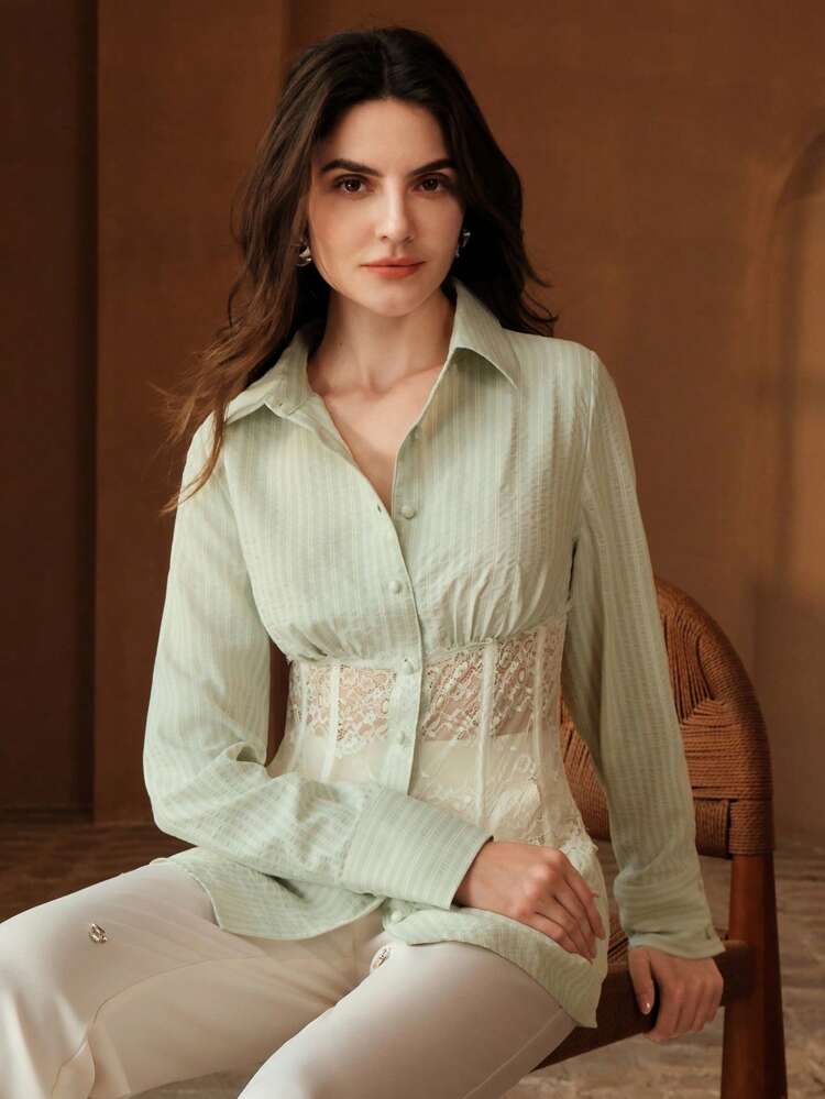Women's New Lace Patchwork Long Sleeve Blouse, Elegant Spring/Summer Top