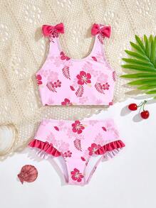 2 件套女童泳衣，可爱花卉印花，独立泳装套装，母子装（3 套单独出售） - 粉色 - 查看 3
