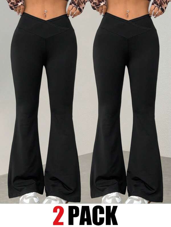 SHEIN EZwear Plus Size Women's Black Flare Pants, Casual & Versatile,Holiday Outfits,Summer,Business Casual Woman,2pcs