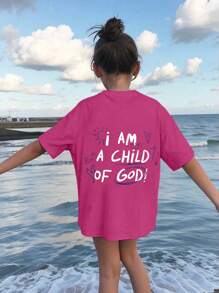 Tween Girls Round Neck Oversized Logo Print Casual T-Shirt - Hot Pink - View 2