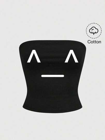 Grunge Punk Niedlicher schwarzer Toptürmer mit Emoticon Muster