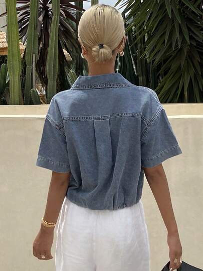 Livesso Áo khoác denim crop tay ngắn màu trơn có khóa kéo một phần dành cho nữ, thường ngày mùa hè