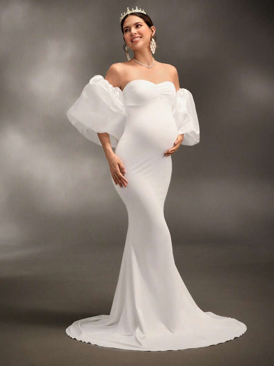 Cheriluna Maternity 孕妇拍照礼服/优雅派对礼服/迎婴派对礼服 - 褶饰露肩修身针织连衣裙 - 白色 - 查看 1