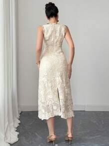 DAZY Ladies Lace Crew Neck Sleeveless Mid-Calf Dress,Formal Women Dresses Maxi Dress - Beige - View 2