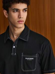 SWAVVY 宽松版型男式字母图案撞色针脚 Polo 衫 - 黑色 - 查看 3