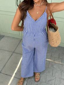 SHEIN 孕妇条纹阔腿吊带休闲连体裤，夏季夏季孕妇装孕妇夏季装女装夏季女装连体裤 - 藍色 - 查看 8
