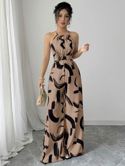 Elenzga 女式印花面料束腰连体衣，适合度假和日常优雅穿着