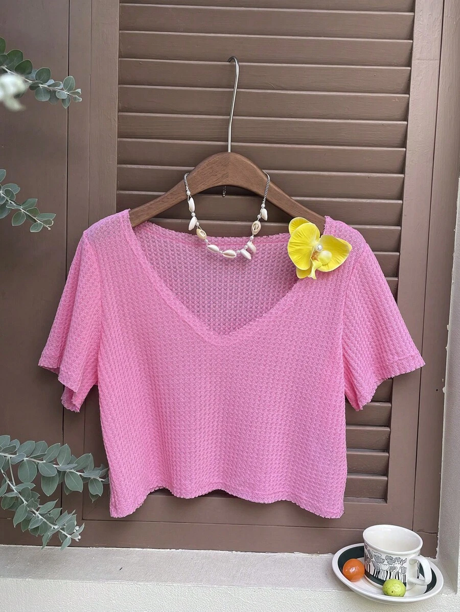 SHEIN EZwear Women Hot Pink Waffle Knit Crop Top For Summer - Pink - View 1