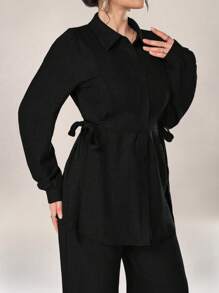 Graceveil Women 2pcs Set Front Button Long Sleeve Casual Blouse And Trousers 2 Pieces Set Modest Fall Cloth For Women - Black - View 2