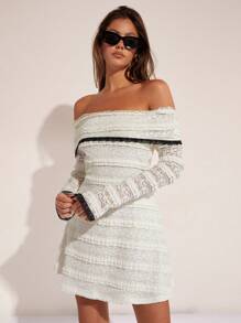 COSMINA 女式蕾丝露肩长袖时尚迷你连衣裙 - 黑與白 - 查看 4