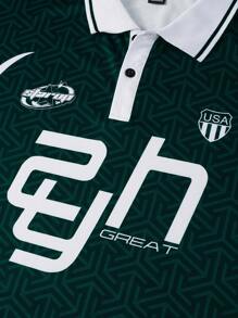 PAVTROS 男式拼色字母印花短袖 Polo 衫，夏季 - 綠色 - 查看 4