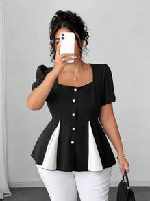 Elenzga Áo cánh tay phồng đính nút ngọc trai giả thời trang mùa hè cỡ lớn, phong cách Pháp giản dị, cổ điển thanh lịch, trang phục mùa hè cho phụ nữ, quần áo mùa hè, quần áo nữ, áo dành cho phụ nữ thanh lịch, áo sơ mi mùa hè cho phụ nữ, quần áo trang trọng cho phụ nữ, quần áo công sở thường ngày cho phụ nữ, áo cánh cho phụ nữ, áo sơ mi thanh lịch cho phụ nữ - màu đen - Xem 3