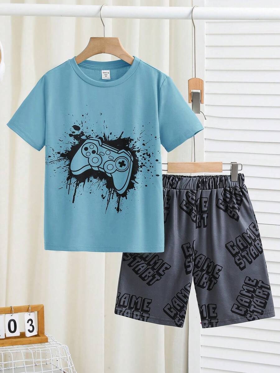 SHEIN 青少年男孩电子游戏图案印花短袖 T 恤和短裤两件套睡衣套装 - 藍色 - 查看 1