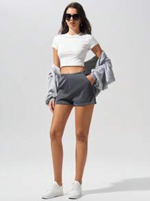 Menodora SHEIN Sport 女式休闲纯色罗纹针织斜口袋灯芯绒短裤 - 灰色 - 查看 6