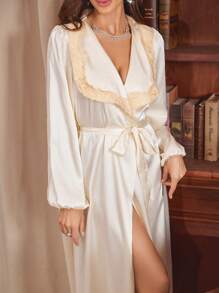 SHEIN 女士睡衣蕾丝花边领优雅灯笼长袖长浴袍奢华家居服 - 杏色 - 查看 6