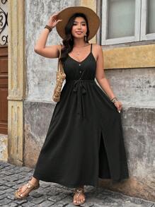 SHEIN LUNE Plus Size Women's Summer Solid Color Single-Breasted Side Slit Casual Spaghetti Strap Dress Women Summer Clothing Women Plus Black Dress,Summer Dresses For Women,Maxi Dress - Black - View 3