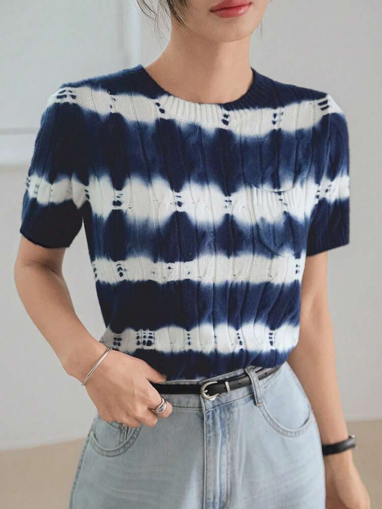 Casual Fitted Summer Crochet & Knit Pullover Sweater, Tie Dye Gradient Striped & Plaid Pattern, Versatile For Business, Commute, Office Wear Short Sleeve Top For Women