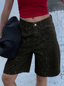 DAZY Women's Summer Leopard Print Ribbed Denim Capri Shorts Denim Shorts - Brown - View 3