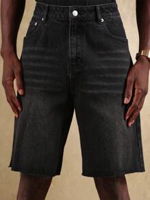 SUMWON Vintage Denim Bermuda Shorts Raw Edge Cutoff Design Distressed Summer Casual Knee Length Dark Wash Jean Shorts High Waist - Black - View 6