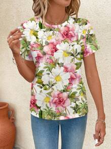 SHEIN Clasi Camiseta holgada con estampado de flores de hibisco y mangas huecas para mujeres, ligeramente transparente, adecuada para regalos de verano para la madre, vacaciones relajadas, primavera, estilo bohemio, vacaciones - Multicolor - Ver 3