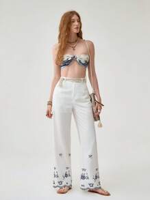 Florisole Women's White Woven Fabric Long Casual Pants With Embroidered Floral Hem Detail And Zipper Closure Fall Cloth For Women - White - View 6