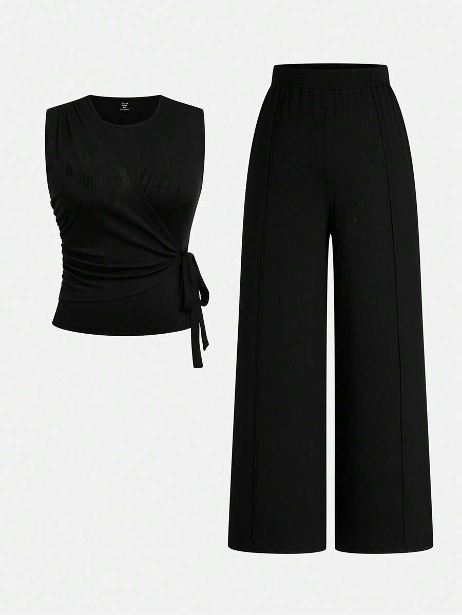 SHEIN Clasi 2件套女士加大码侧系带上衣和裤子套装 - 黑色 - 查看 1