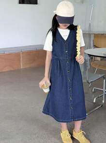 DAZY Vestido jeans sem mangas com decote em V para meninas adolescentes, verão, para a volta às aulas - Lavagem escura - Ver 3